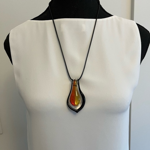 PENDANT Glass Teardrop Orange Yellow and 20" Leather Cord Necklace Modern Chic - Picture 1 of 5